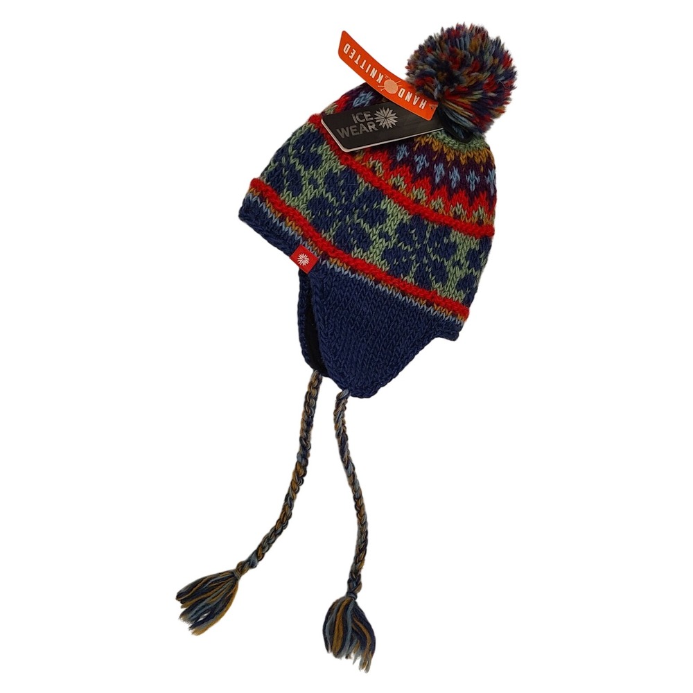 Ice Wear Hand Knitted Youth Kids 7-12 Years Hat Snow Flake 100% Wool NWT Pom